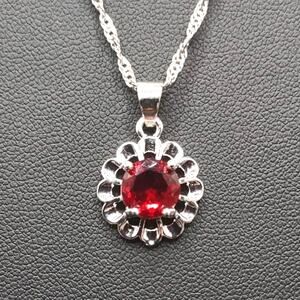 925 Silver Red Flower necklace Lab Ruby Summer BOHO Birthday VTG Fashion Gift